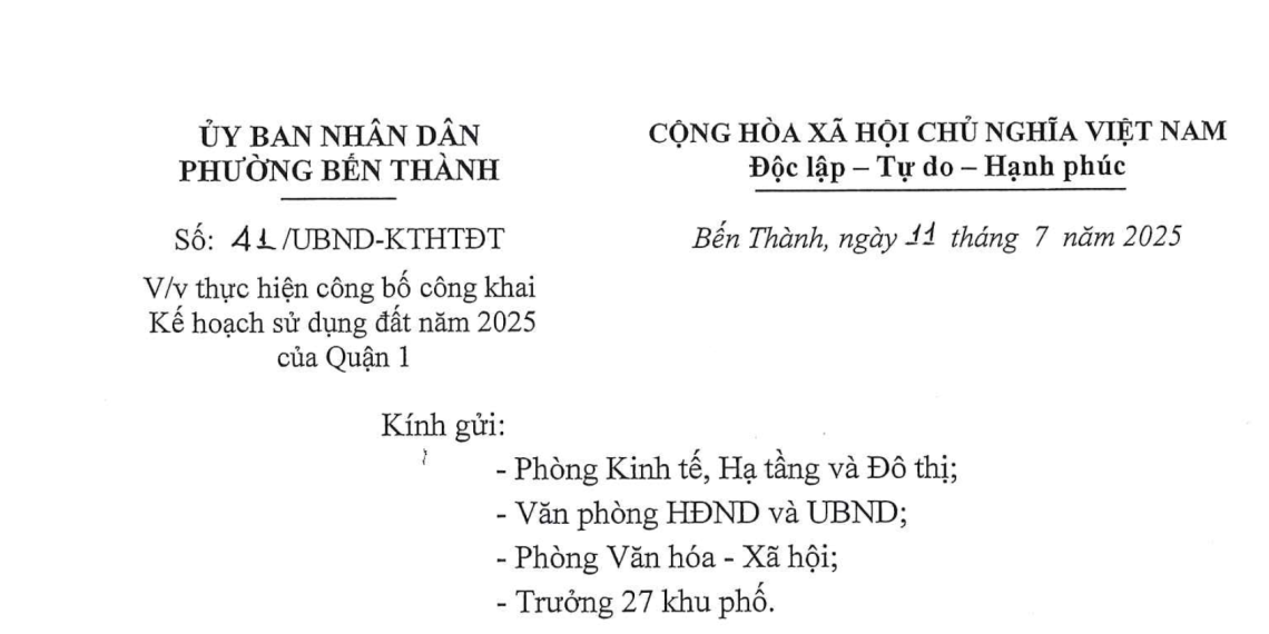 KẾ HOẠCH SỬ DỤNG ĐẤT NĂM 2025 CỦA QUẬN 1