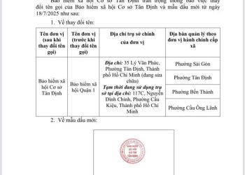 BẢO HIỂM XÃ HỘI QUẬN 1 THÔNG BÁO THAY ĐỔI TÊN GỌI VÀ MẪU DẤU CỦA BHXH CƠ SỞ TÂN ĐỊNH