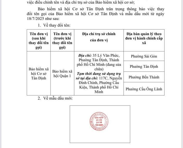 BẢO HIỂM XÃ HỘI QUẬN 1 THÔNG BÁO THAY ĐỔI TÊN GỌI VÀ MẪU DẤU CỦA BHXH CƠ SỞ TÂN ĐỊNH