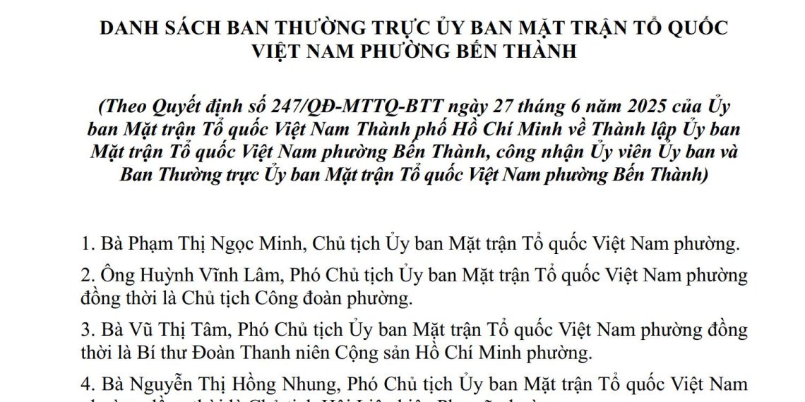 DANH SÁCH BAN THƯỜNG TRỰC ỦY BAN MẶT TRẬN TỔ QUỐC VIỆT NAM PHƯỜNG BẾN THÀNH