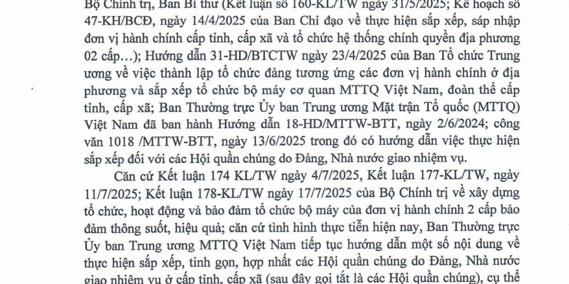 🇻🇳 Tiếp tục thực hiện sắp xếp, tinh gọn, hợp nhất các hội quần chúng do Đảng, Nhà nước giao nhiệm vụ ở cấp tỉnh, cấp xã