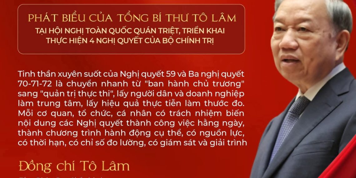 PHÁT BIỂU CỦA TỔNG BÍ THƯ TÔ LÂM TẠI HỘI NGHỊ TOÀN QUỐC QUÁN TRIỆT, TRIỂN KHAI THỰC HIỆN 4 NGHỊ QUYẾT CỦA BỘ CHÍNH TRỊ