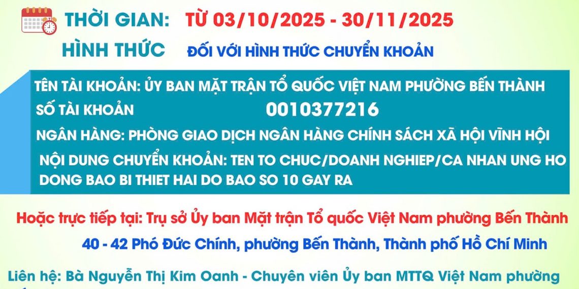 ỦY BAN MTTQ VIỆT NAM PHƯỜNG BẾN THÀNH THÔNG BÁO TIẾP NHẬN ỦNG HỘ ĐỒNG BÀO BỊ THIỆT HẠI DO CƠN BÃO SỐ 10 GÂY RA