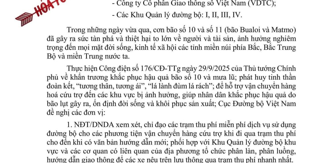 ĐỀ NGHỊ MIỄN PHÍ ĐƯỜNG BỘ CHO CÁC PHƯƠNG TIỆN VẬN CHUYỂN HÀNG CỨU TRỢ BÃO LŨ