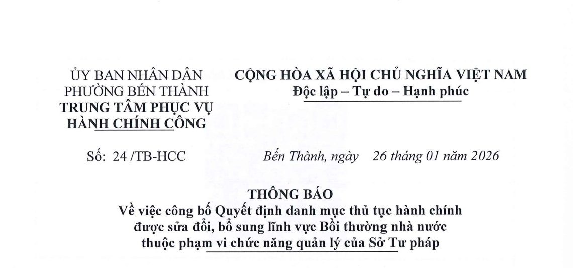 Thông báo về việc công bố Quyết định danh mục thủ tục hành chính được sửa đổi, bố sung lĩnh vực Bôi thường nhà nước thuộc phạm vi chức năng quản lý của Sở Tư pháp