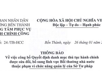Thông báo về việc công bố Quyết định danh mục thủ tục hành chính được sửa đổi, bố sung lĩnh vực Bôi thường nhà nước thuộc phạm vi chức năng quản lý của Sở Tư pháp