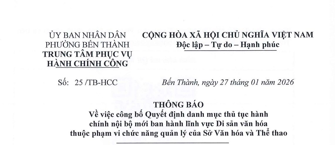 Thông báo về việc công bố Quyết định danh mục thủ tục hành chính nội bộ mới ban hành lĩnh vực Di sản văn hóa thuộc phạm vi chức năng quản lý của Sở Văn hóa và Thế thao