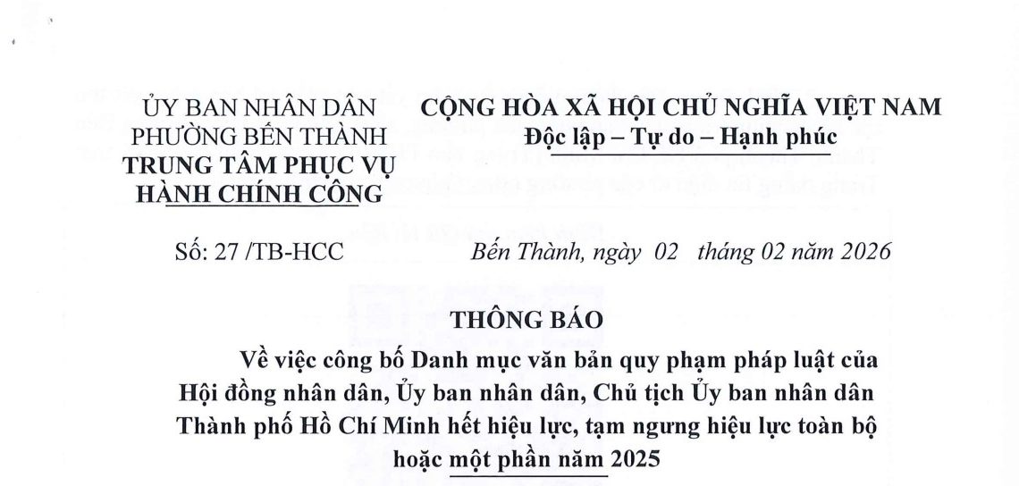 Thông báo về về việc công bố Danh mục văn bản quy phạm pháp luật của Hội đồng nhân dân, Ủy ban nhân dân, Chủ tịch Uy ban nhân dân Thành phố Hồ Chí Minh hết hiệu lực, tạm ngưng hiệu lực toàn bộ hoặc một phân năm 2025