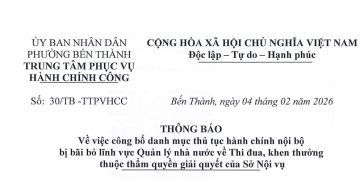 Thông báo về việc công bố danh mục thủ tục hành chính nội bộ bị bãi bỏ lĩnh vực Quản lý nhà nước về Thi đua, khen thưởng thuộc thẩm quyền giải quyết của Sở Nội vụ