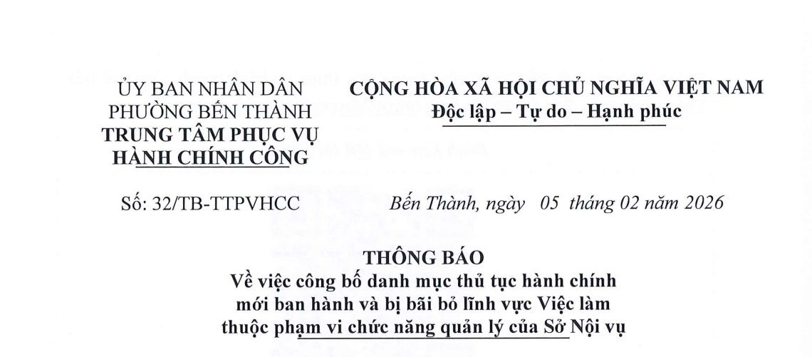 Thông báo về việc công bố danh mục thủ tục hành chính mới ban hành và bị bãi bỏ lĩnh vực Việc làm thuộc phạm vi chức năng quản lý của Sở Nội vụ