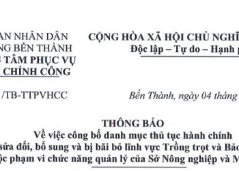 Thông báo sô 45 về việc công bố danh mục thủ tục hành chính được sửa đổi, bố sung và bị bãi bỏ lĩnh vực Trồng trọt và Bảo vệ thực vật thuộc phạm vi chức năng quản lý của Sở Nông nghiệp và Môi trường