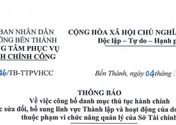 Thông báo số 46 về việc công bố danh mục thủ tục hành chính được sửa đổi, bổ sung lĩnh vực Thành lập và hoạt động của doanh nghiệp thuộc phạm vi chức năng quản lý của Sở Tài chính