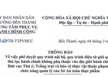 Thông báo số 47 về việc phê duyệt quy trình nội bộ, quy trình điện tử giải quyết thủ tục hành chính không phụ thuộc vào địa giới hành chính lĩnh vực Thú ý; Trồng trọt và bảo vệ thực vật thuộc phạm vi chức năng quản lý của Sở An toàn thực phẩm