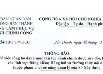 Thông báo số 54 về việc công bố danh mục thủ tục hành chính được sửa đổi, bổ sung các lĩnh vực Đăng kiêm; Hàng hải và Đường thủy nội địa thuộc phạm vi chức năng quản lý của Sở Xây dựng