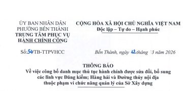Thông báo số 54 về việc công bố danh mục thủ tục hành chính được sửa đổi, bổ sung các lĩnh vực Đăng kiêm; Hàng hải và Đường thủy nội địa thuộc phạm vi chức năng quản lý của Sở Xây dựng