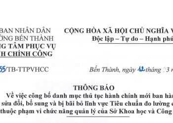 Thông báo số 55 về việc công bố danh mục thủ tục hành chính mới ban hành; được sửa đổi, bố sung và bị bãi bỏ lĩnh vực Tiêu chuần đo lường chất lượng