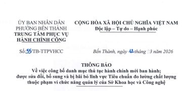 Thông báo số 55 về việc công bố danh mục thủ tục hành chính mới ban hành; được sửa đổi, bố sung và bị bãi bỏ lĩnh vực Tiêu chuần đo lường chất lượng