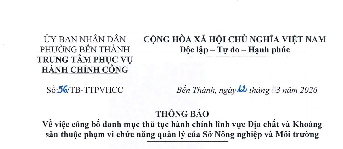 Thông báo số 56 về việc công bố danh mục thủ tục hành chính lĩnh vực Địa chất và Khoáng sản thuộc phạm vi chức năng quản lý của Sở Nông nghiệp và Môi trường