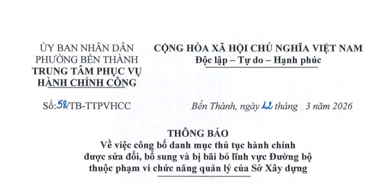 Thông báo số 58 về việc công bố danh mục thủ tục hành chínhđược sửa đổi, bổbô sung và bị bãi bỏ lĩnh vực Đường bộ thuộc phạm vi chức năng quản lý của Sở Xây dựng