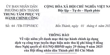 Về việc niêm yết danh mục thủ tục hành chính áp dụng dịch vụ công trực tuyến thực hiện mức thu lệ phí bằng 0 đông theo Nghị quyết số 411/NQ-HĐND ngày 29 tháng 9 năm 2025 của Hội đồng nhân dân Thành phố Hồ Chí Minh