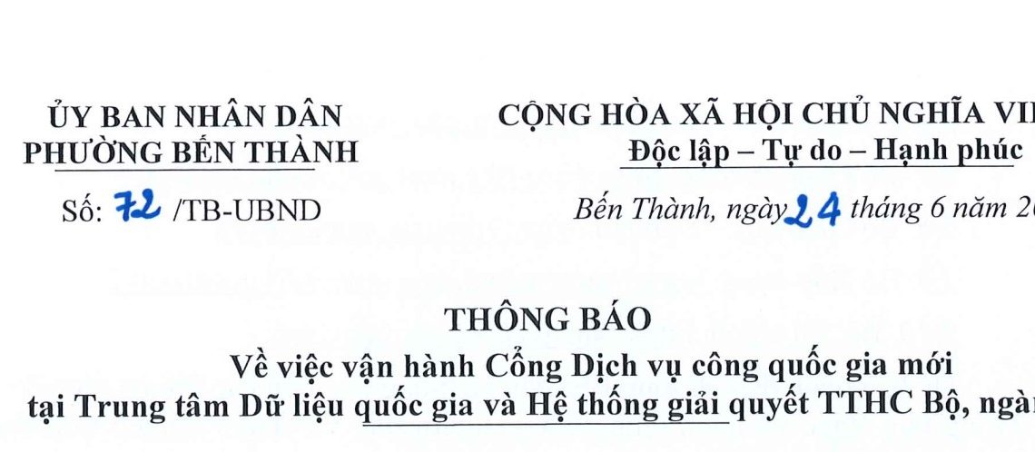 Thông báo Về việc vận hành Cổng Dịch vụ công quốc gia mới tại Trung tâm Dữ liệu quốc gia và Hệ thống giải quyết TTHC Bộ, ngành