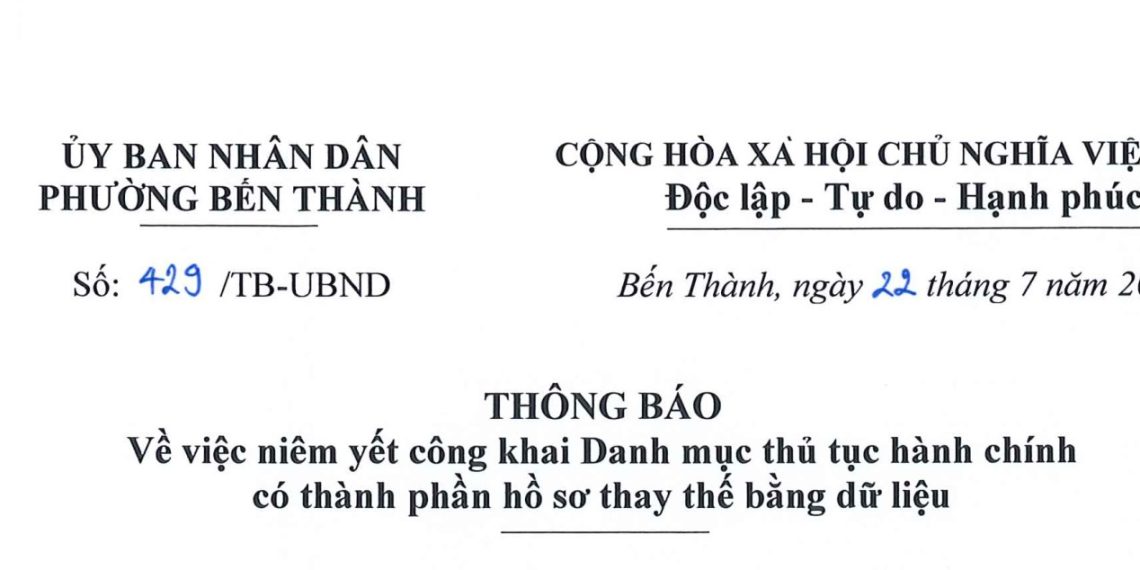 THÔNG BÁO VỀ VIỆC NIÊM YẾT CÔNG KHAI DANH MỤC THỦ TỤC HÀNH CHÍNH CÓ THÀNH PHẦN HỒ SƠ THAY THỂ BẰNG DỮ LIỆU