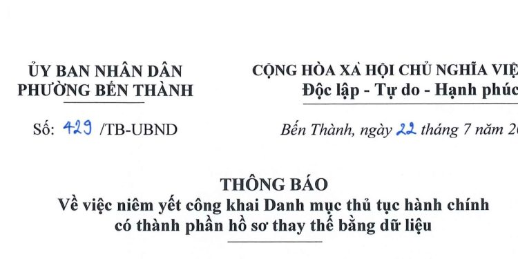 THÔNG BÁO VỀ VIỆC NIÊM YẾT CÔNG KHAI DANH MỤC THỦ TỤC HÀNH CHÍNH CÓ THÀNH PHẦN HỒ SƠ THAY THỂ BẰNG DỮ LIỆU